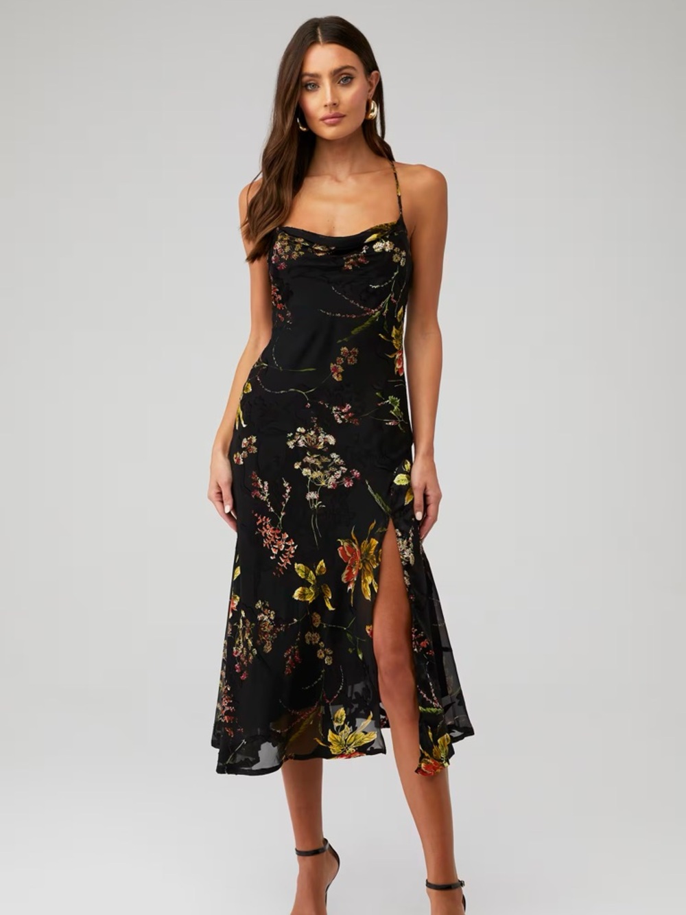 Astr Black Floral Midi Dress with Yellow & Green Accents - Picture 1 of 8